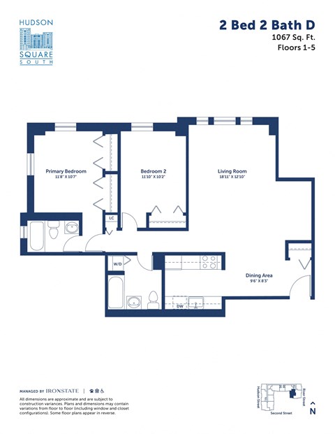 Floor plan for 2 beds, 2 baths, 1067 sqft